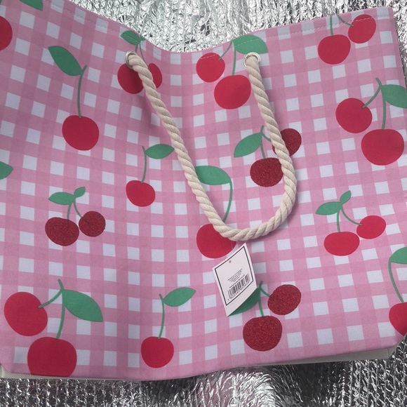Spencer's Handbags - 💜 NWT x- Large canvas pink Buffalo check cherries rope tote beach bag Barbie